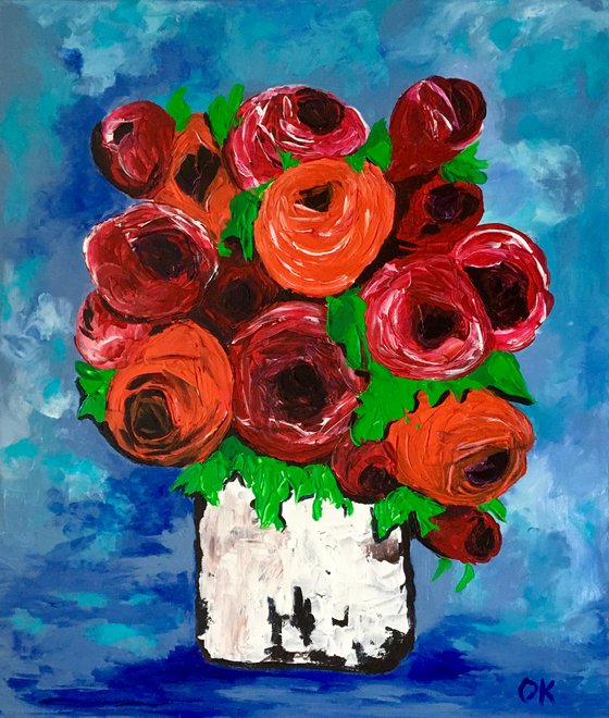 BOUQUET OF Red  Roses textured acrylic painting, palette knife artwork