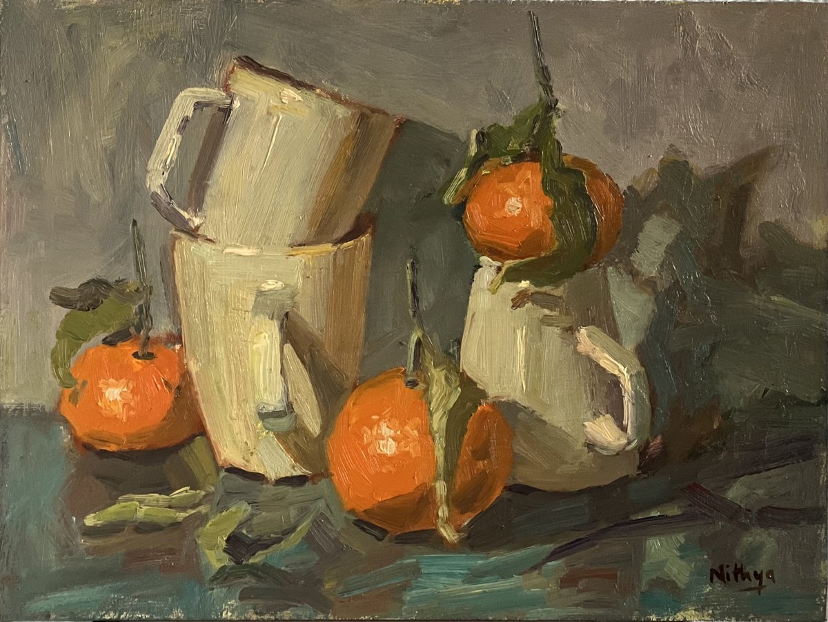 Expressive Botanical Oil Painting By Nithya Swaminathan, 12 X 9", Oranges And White Cups, Original Artwork