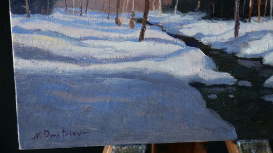 The Forest Brook - original sunny landscape, winter painting