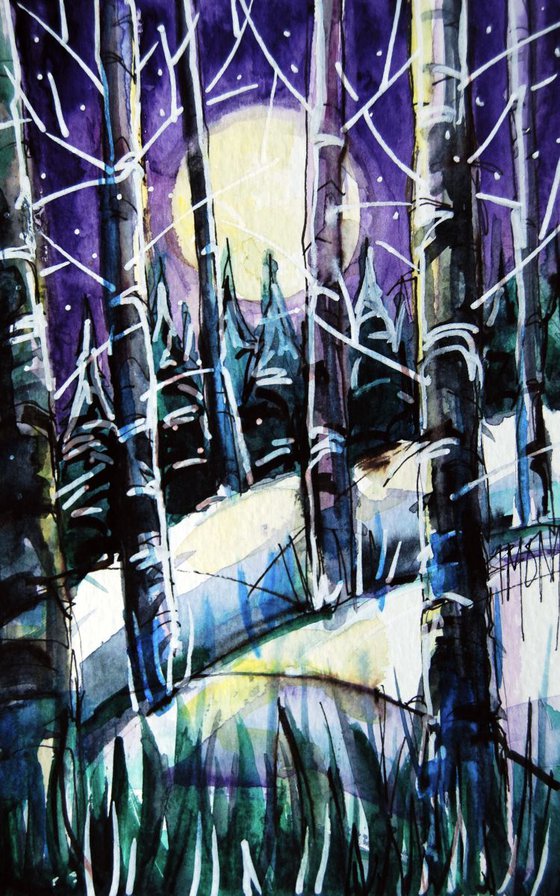 Moonlit Magic Winterscape Watercolor Mona Edulesco