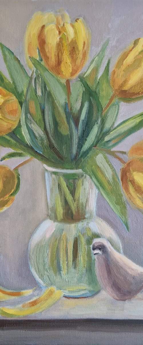 Still life of bouquet with yellow tulips "Spring mood" by Olena Kolotova