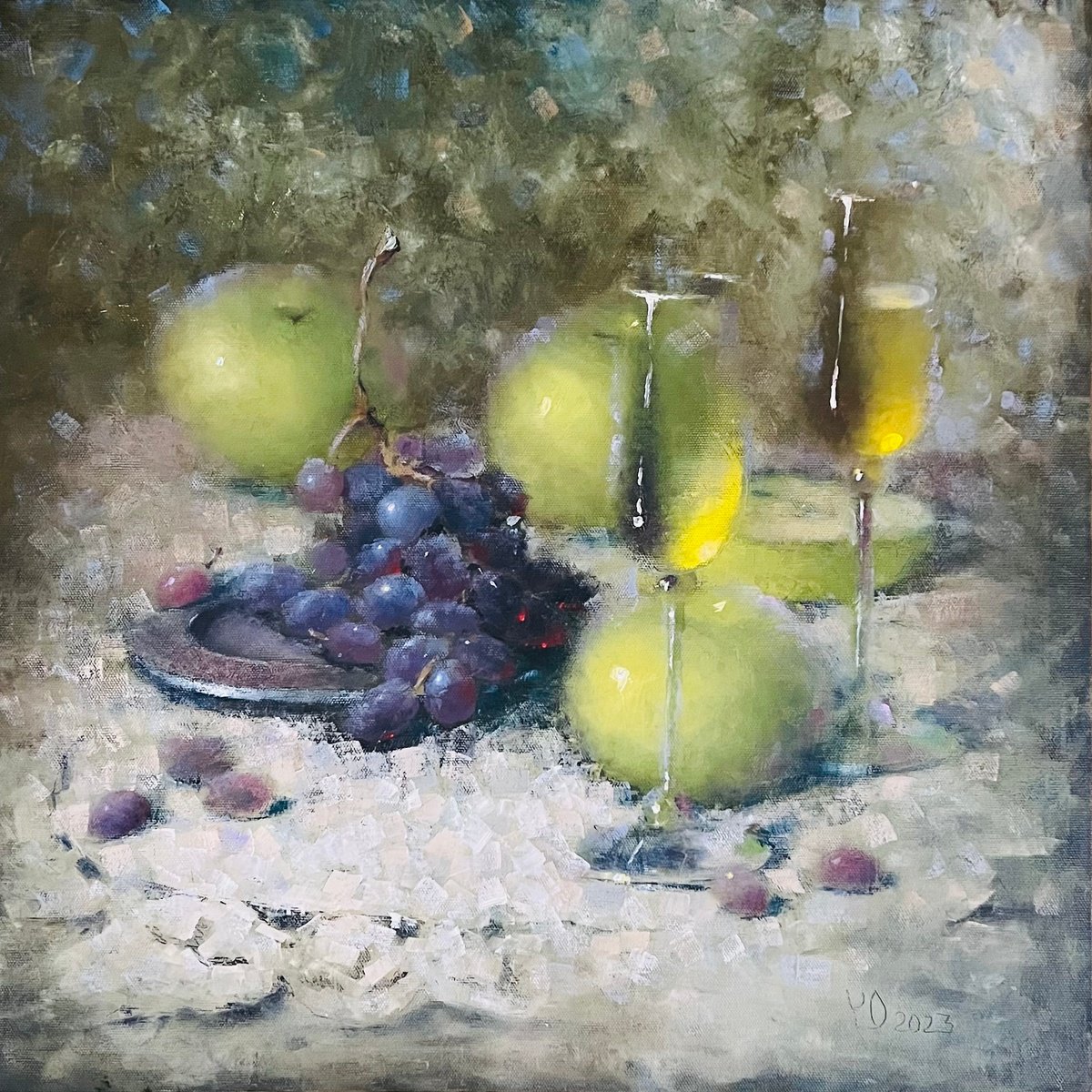 Impressionistic Still Life Oil Painting By Yulia Odukalets, 20 X 20", Green Apple Moody Grape, Original Artwork