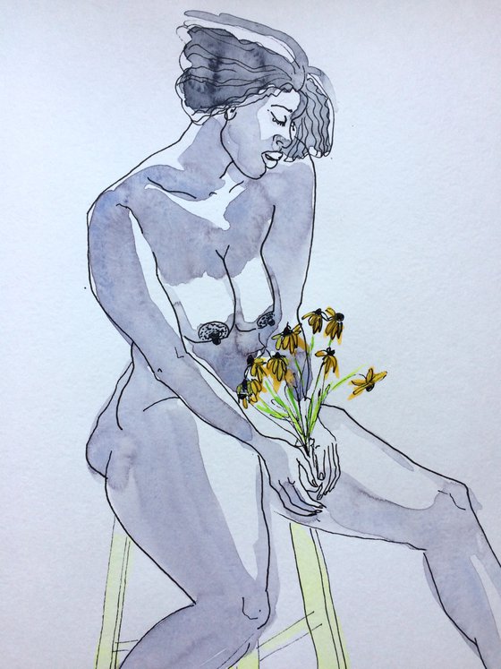 Female nude drawing - Seated nude woman with flowers - Original sensual watercolor - Figure study mixed media (2021)