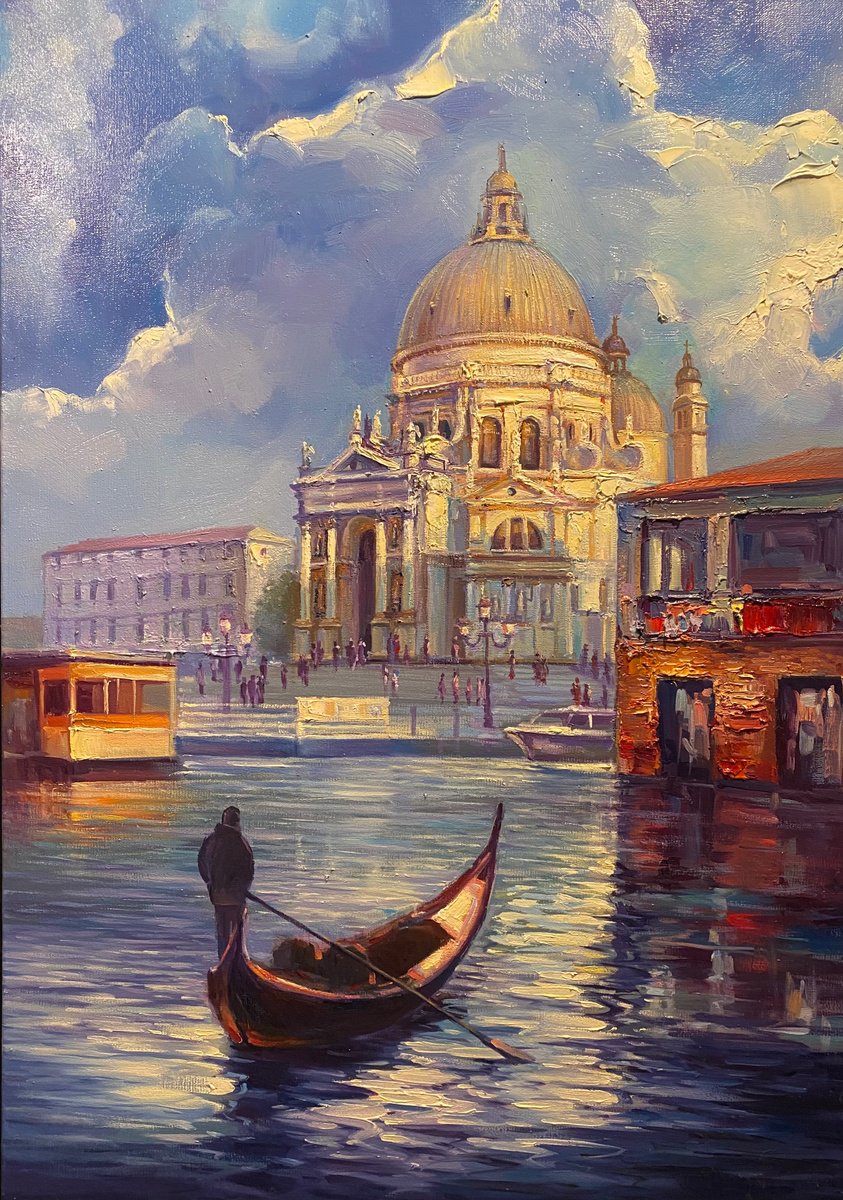 Impressionistic Cityscapes Oil Painting By Artem Grunyka, 20 X 28, Venice In Blue Hues, Original Artwork