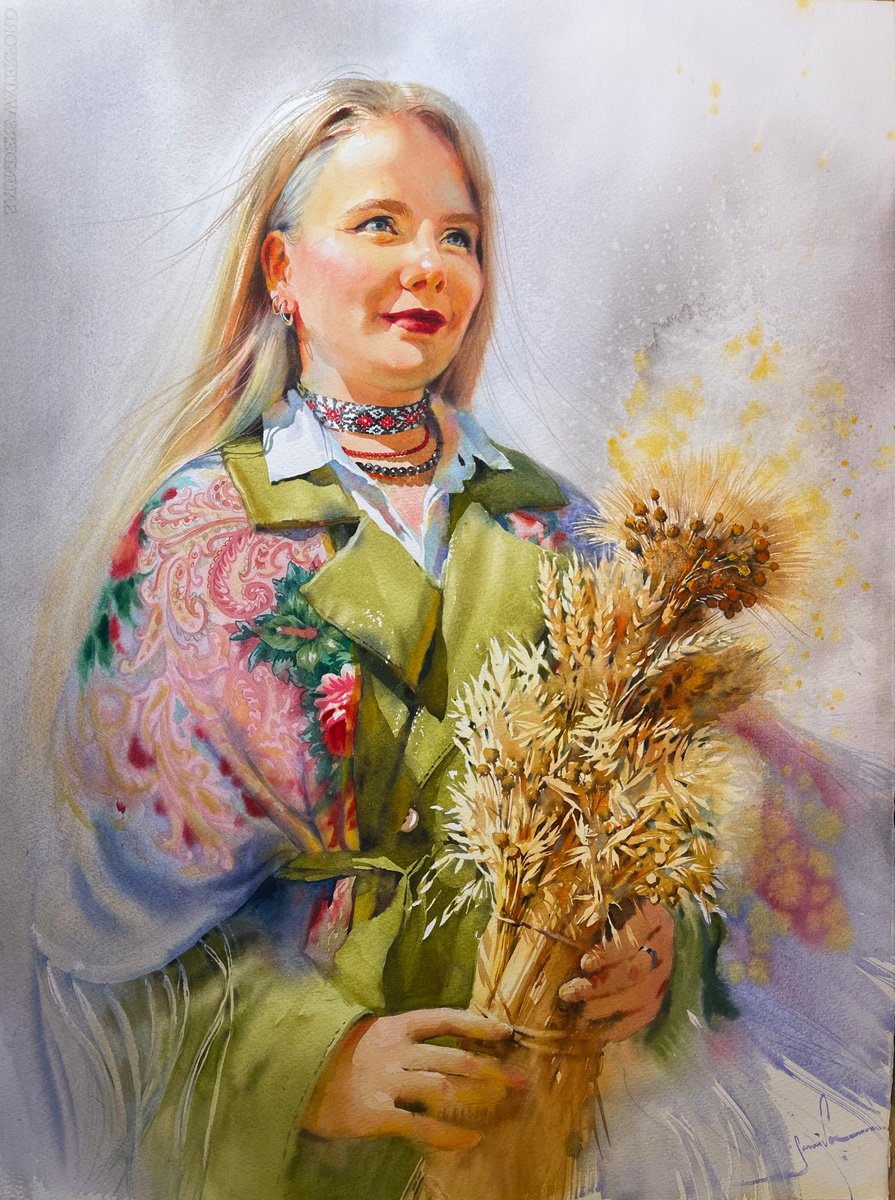 Expressive Portrait Watercolour By Samira Yanushkova, 22 X 30", Young Ukrainian Girl, Original Artwork