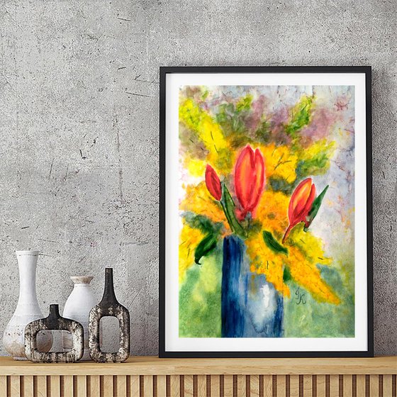 Tulips & Mimosa original watercolor painting