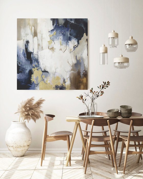 "Blue Flood" Abstract navy blue white art