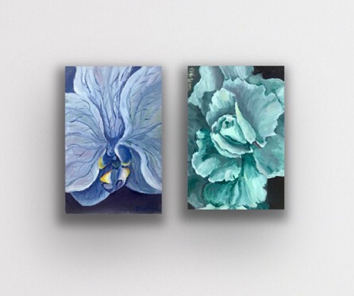 Set of 2 Blue Orchid and Turquoise Rose flower painting, Birthday gift for women by Olga Volna