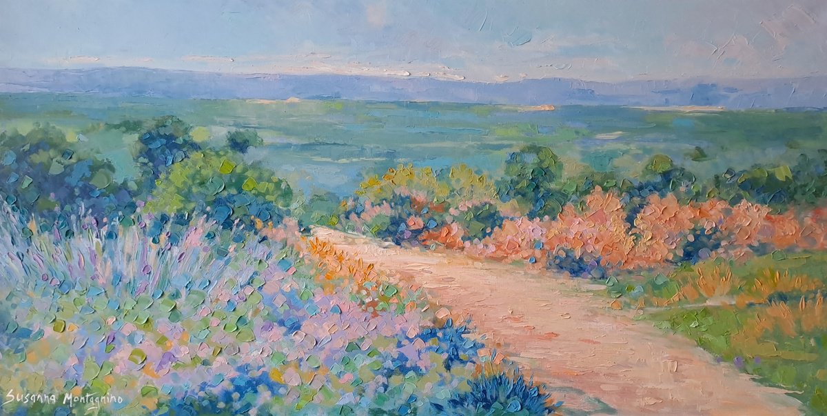 Impressionistic Botanical Oil Painting By Susanna Montagnino, 31 X 16", Path Towards The Enchantment, Original Artwork