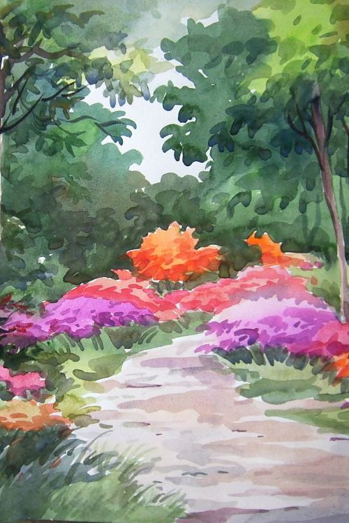 Beauty of Flowers Garden inside a Forest - Watercolor on Paper by Samiran Sarkar