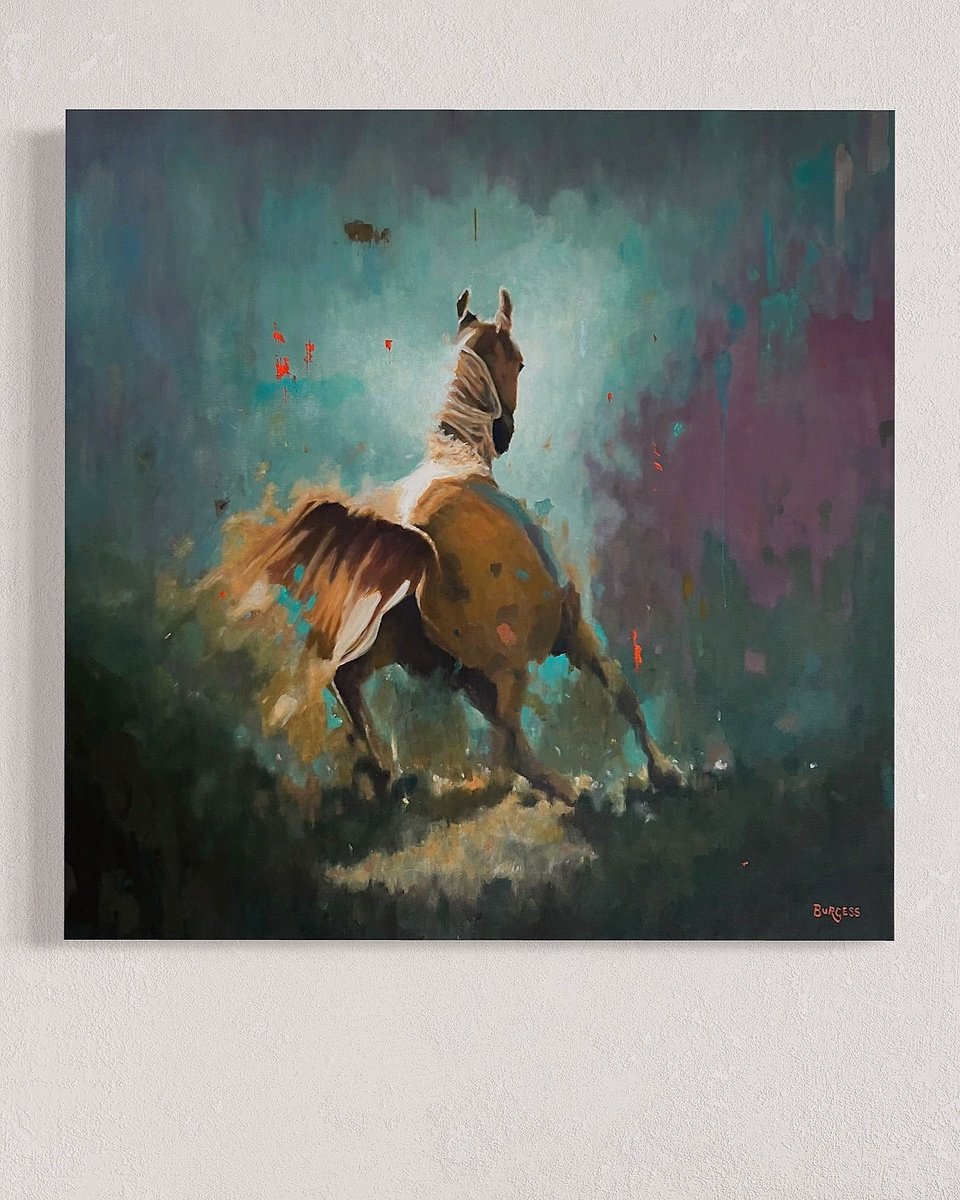 Expressive Animal Oil Painting By Shaun Burgess, 39 X 39", Untamed - Horse In Motion, Original Artwork
