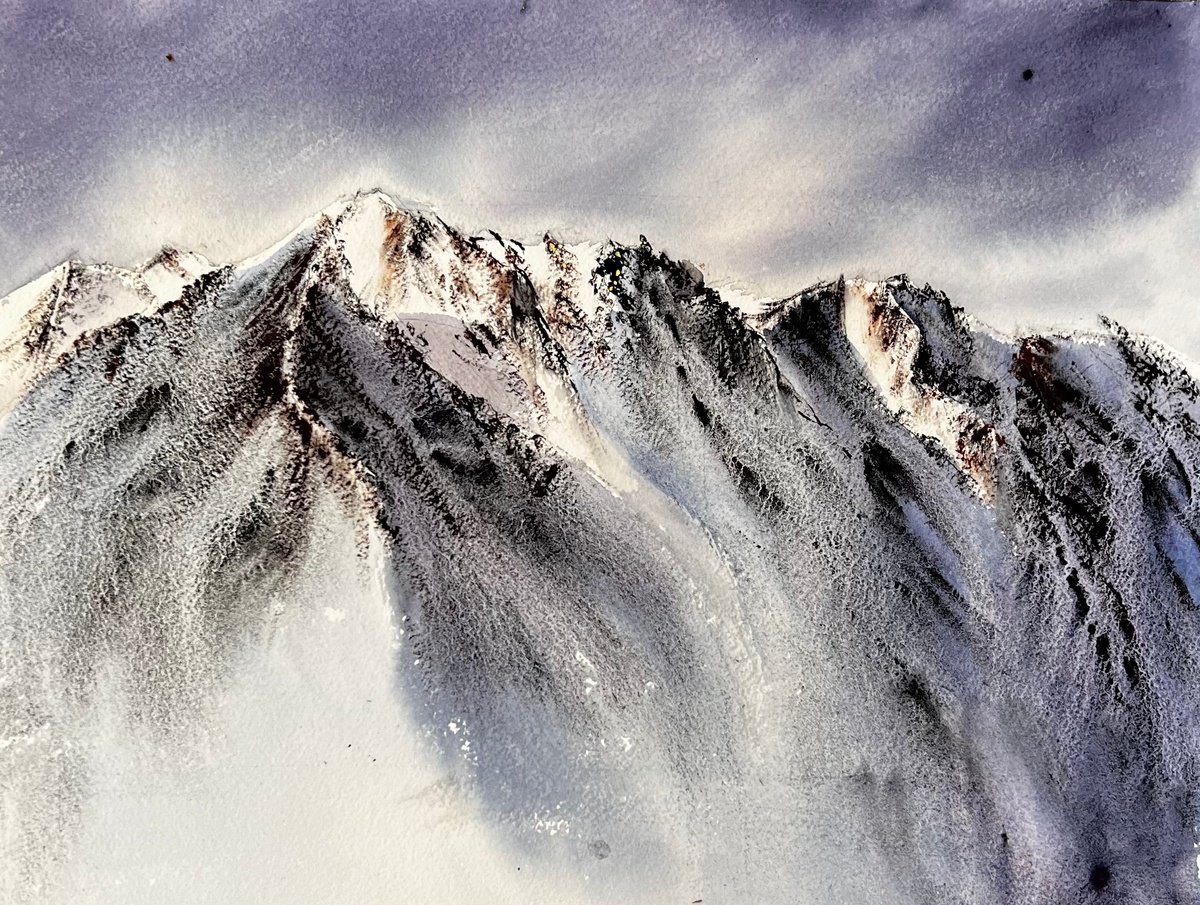 Snow in the Alps, Snowy Mountains Watercolour painting by Yana Ivannikova