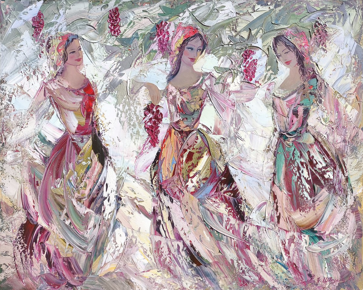 Impressionistic Portrait Oil Painting By Kamo Atoyan, 39 X 31", Wine And Festival, Original Artwork