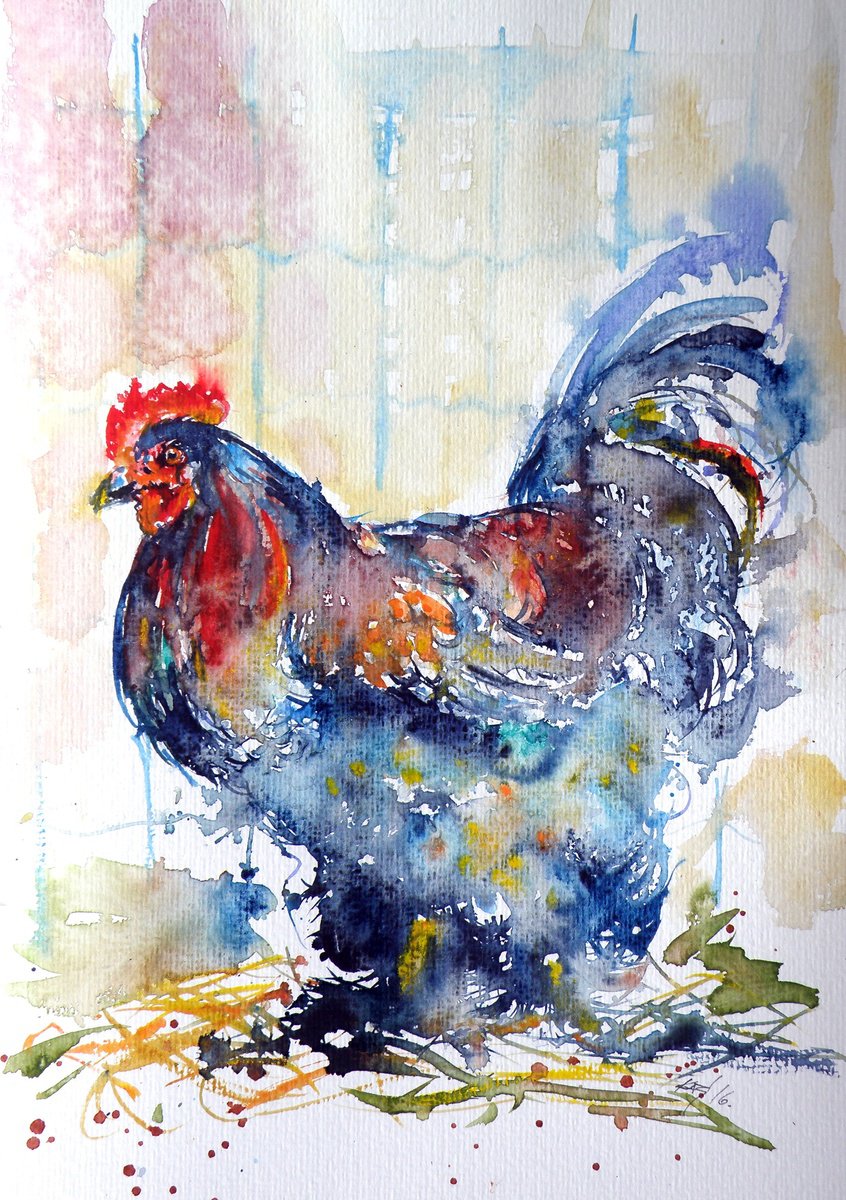 Impressionistic Animal Watercolour By Kovacs Anna Brigitta, 10 X 14", Rooster, Original Artwork