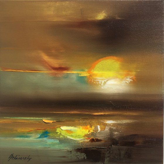 Addicted to the Sun - 30 x 30 cm, abstract landscape painting in brown and yellow