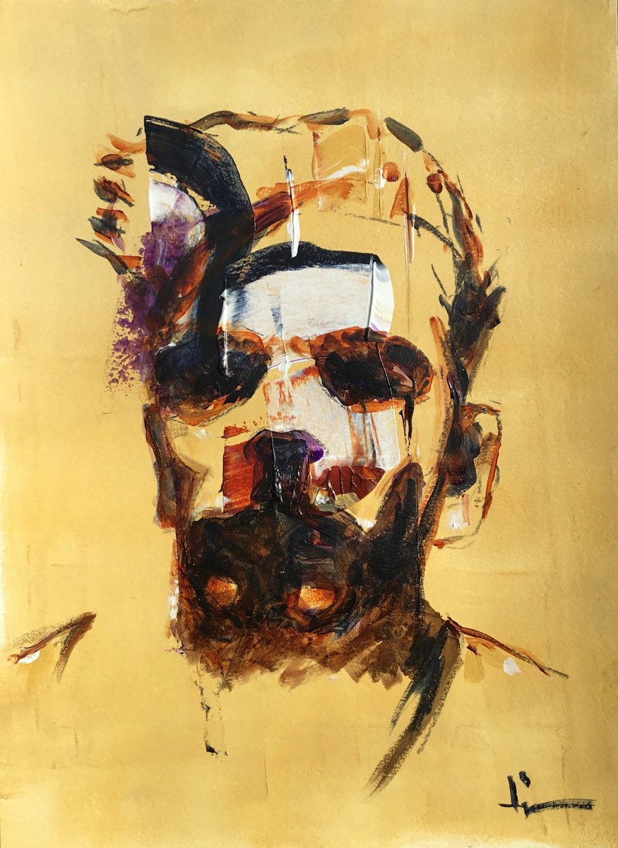 Expressive Portrait Acrylic Painting By Dominique Deve, 11 X 17, Au Chantier, Original Artwork