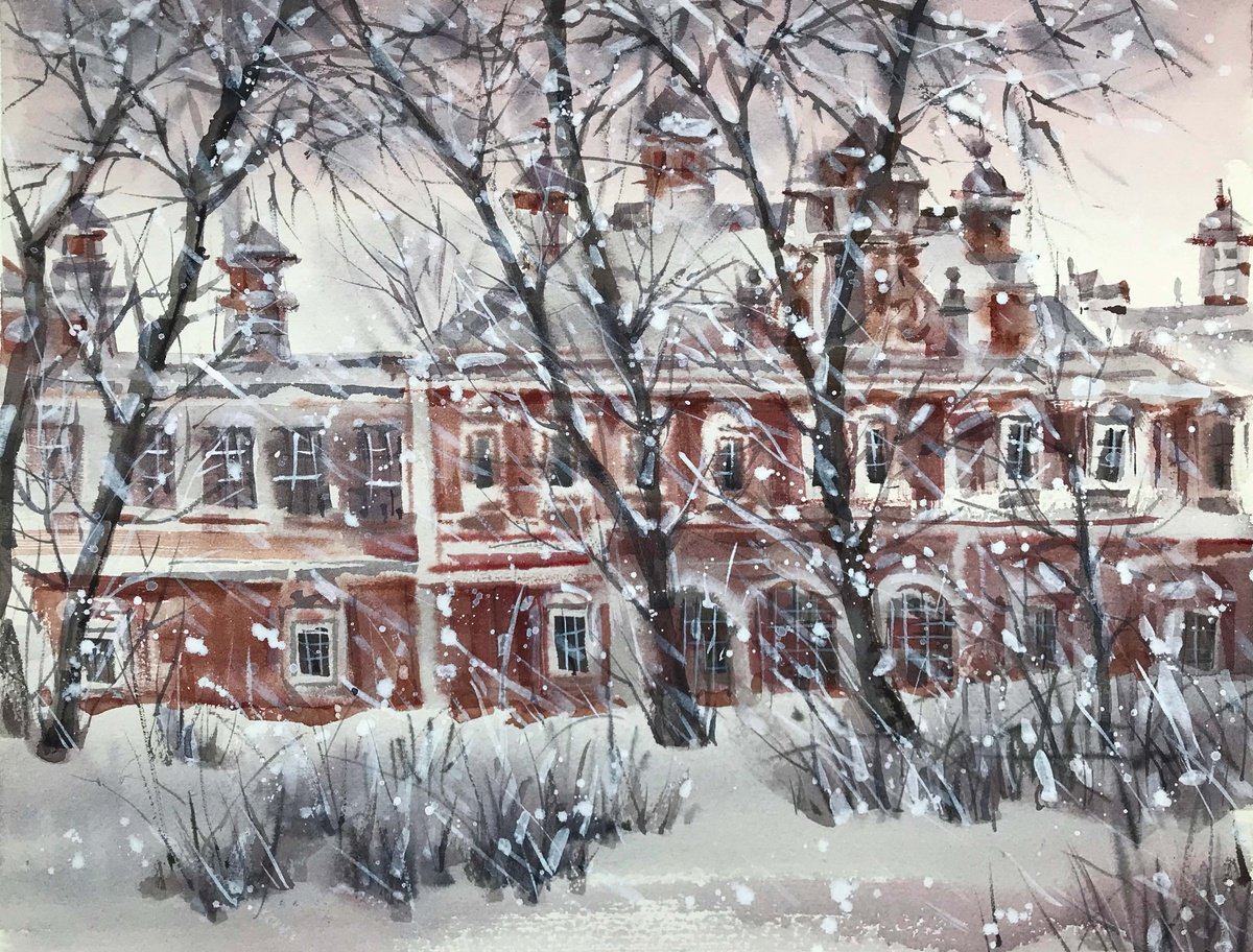 Illustrative Landscape Watercolour By Galina Poloz, 16 X 12, Old Manor In Winter., Original Artwork