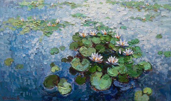 White Water Lilies - Large Original Oil painting 120 x 70 cm