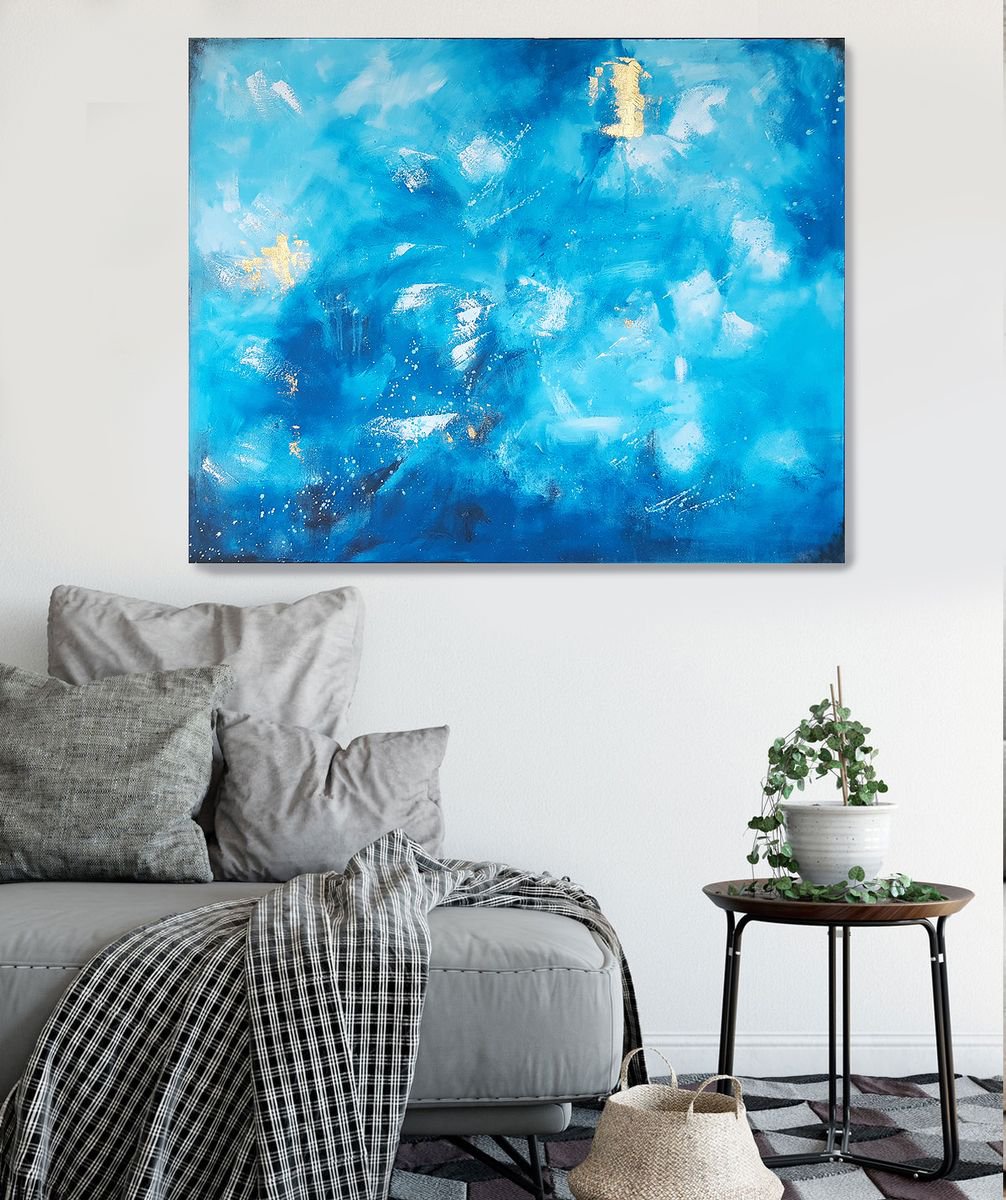 Diving in Deep Sea - Abstract in Blue and Gold by Stefanie Rogge