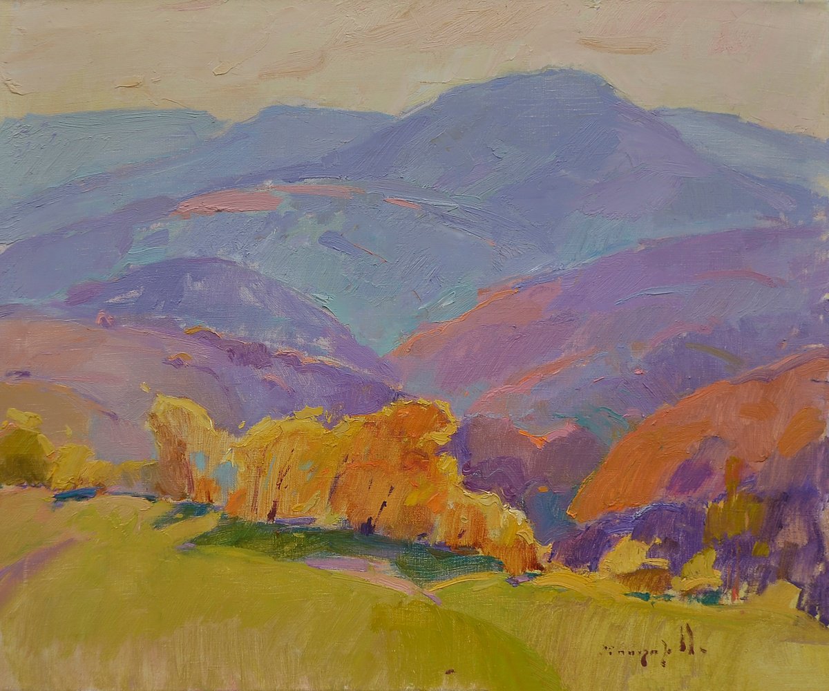 Impressionistic Landscape Oil Painting By Alexander Shandor, 28 X 24, Sunny Mountains, Original Artwork