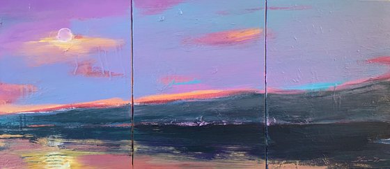 Bright landscape - "Violet mountain" - Seascape - Triptych - Minimalism - Sunset