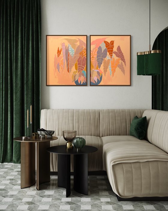 ‘Burnt Coral Alocasia and Begonia’ diptych