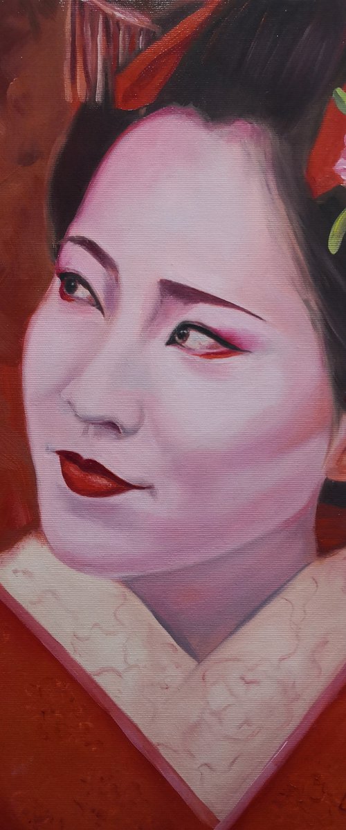 Portrait of Geisha in kimono in red colors by Jane Lantsman