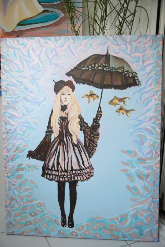 Girl with umbrella and three goldfish / 94.8  x 73.8 x 2.5 cm