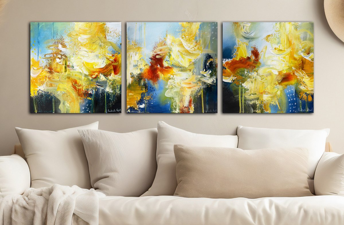 Abstract Acrylic Painting By Andrada Anghel, 36 X 12, Dancing Flames, Original Artwork