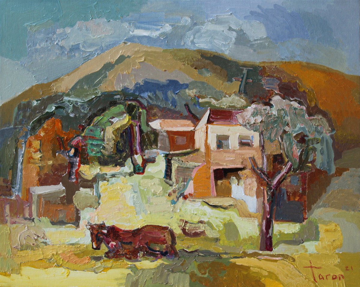 Abstract Landscape Oil Painting By Taron Khachatryan, 20 X 17", Sunny Day, Original Artwork