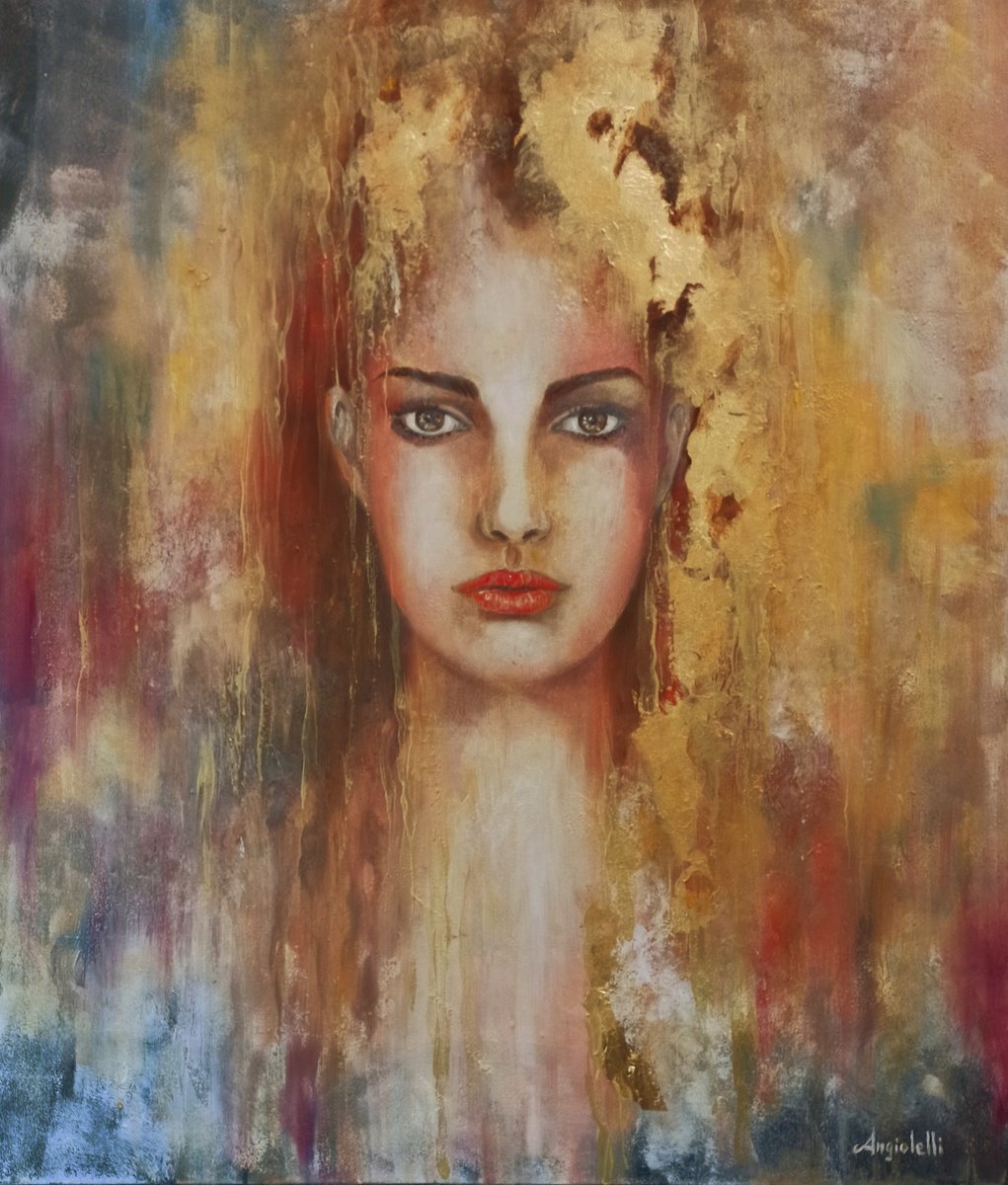 Expressive Portrait Painting By Anna Rita Angiolelli, 24 X 28, Portrait In Gold, Original Artwork