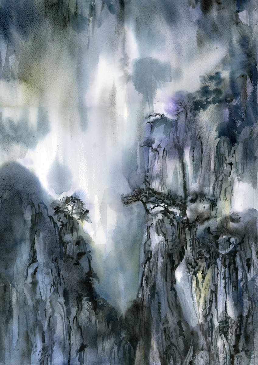 Impressionistic Landscape Watercolour By Alfred Ng, 18 X 26, Mountain Grandeur Watercolor, Original Artwork