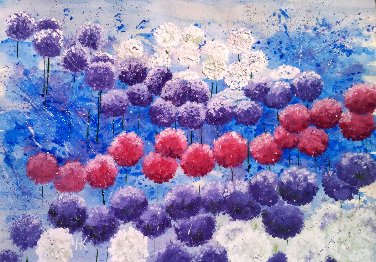 Dandelion Painting Floral Original Art Abstract White Purple and Pink Flowers Home Wall Ar... by Halyna Kirichenko