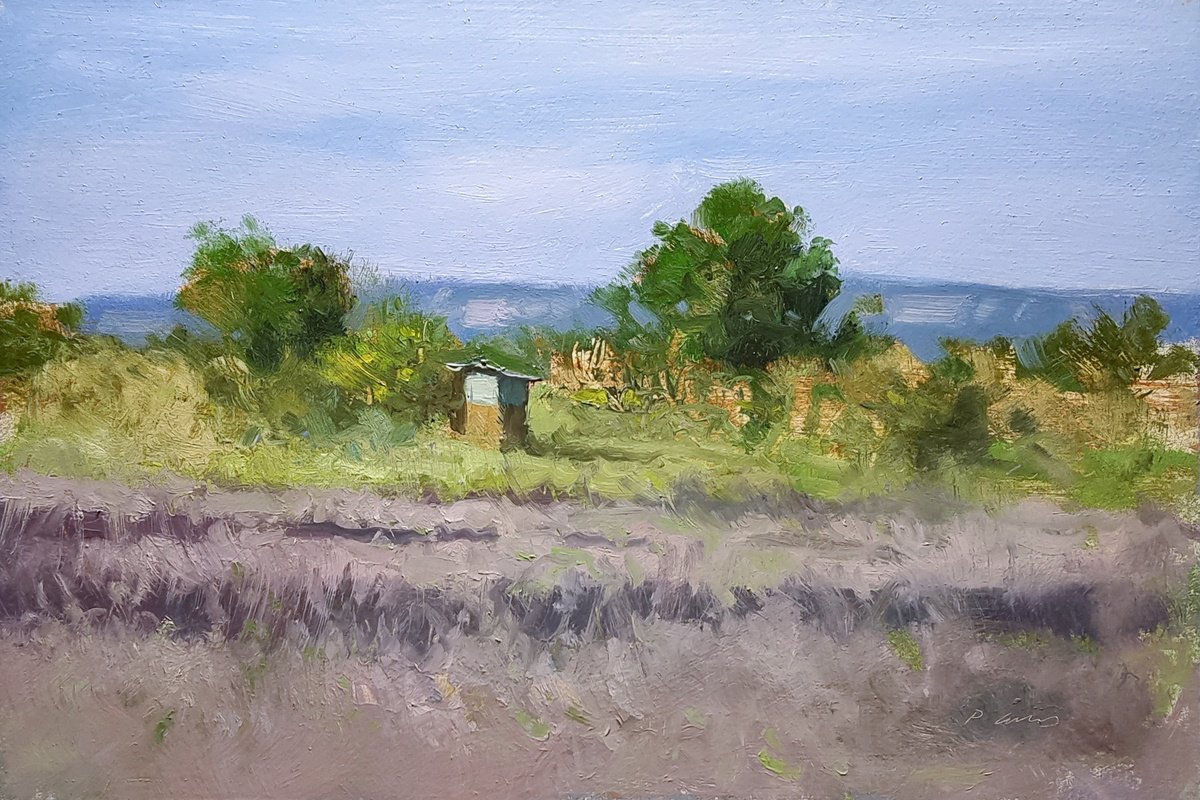Impressionistic Landscape Oil Painting By Pascal Giroud, 12 X 8", Beehive And Lavender Field, Original Artwork