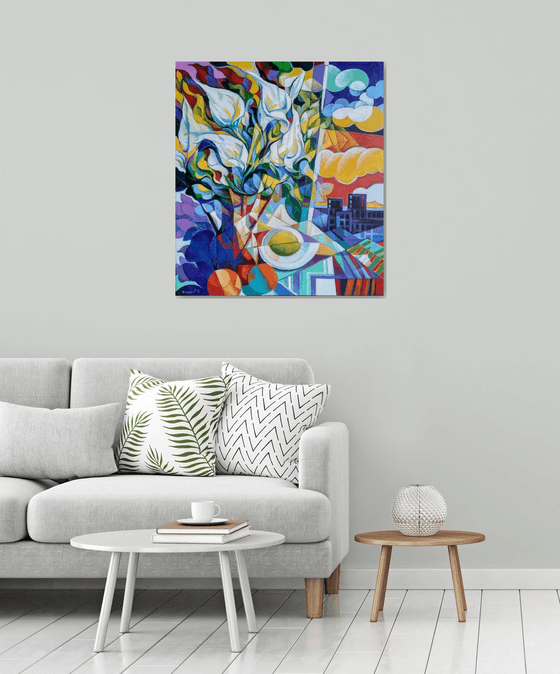 Still life with callas (80x90cm, cubism, oil painting, ready to hang)
