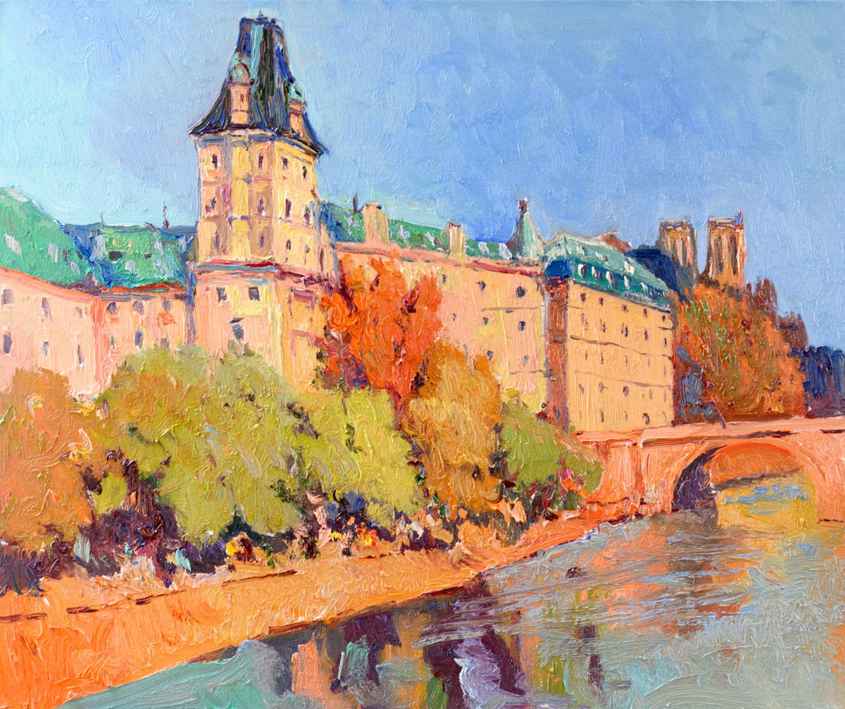 Impressionistic Cityscapes Oil Painting By Suren Nersisyan, 24 X 20", River Seine In Paris, Original Artwork