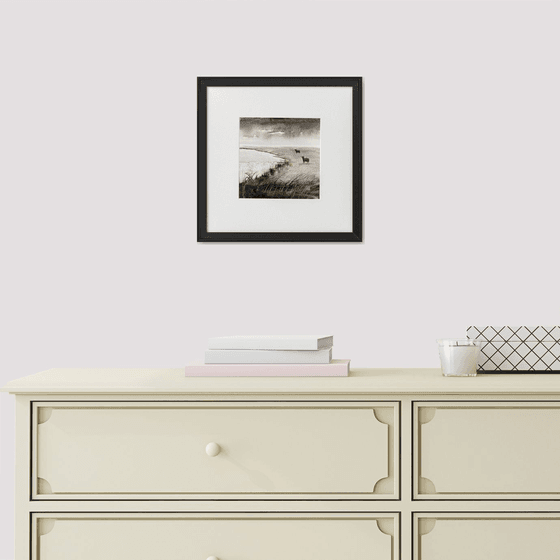 Monochrome Highland Cattle Marshes framed