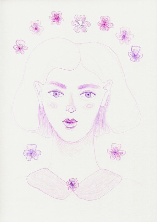 Original colored pencils drawing - portrait in purple by Liliya Rodnikova