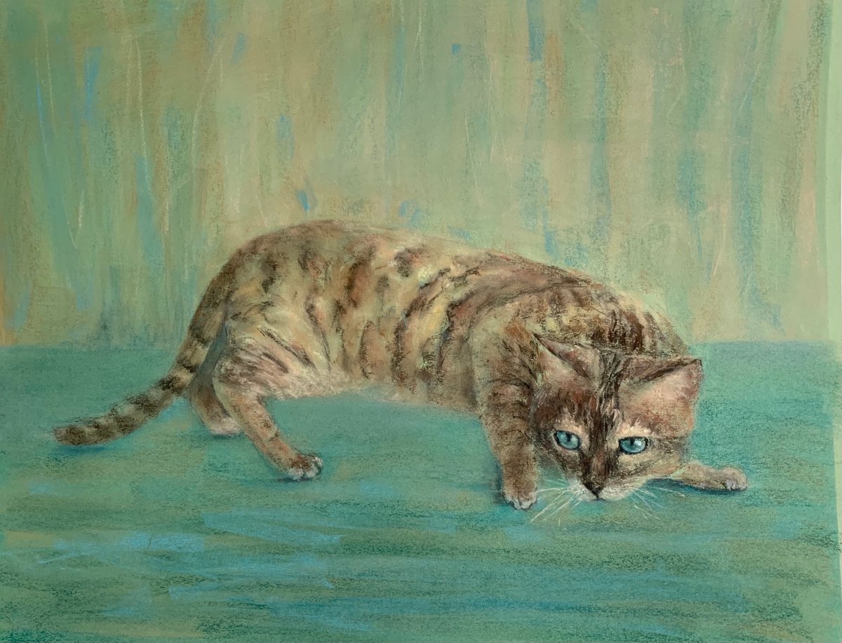 ON THE HUNT- Pastel drawing on paper, original gift, green color, home interior, kitten, a... by Tatsiana Ilyina