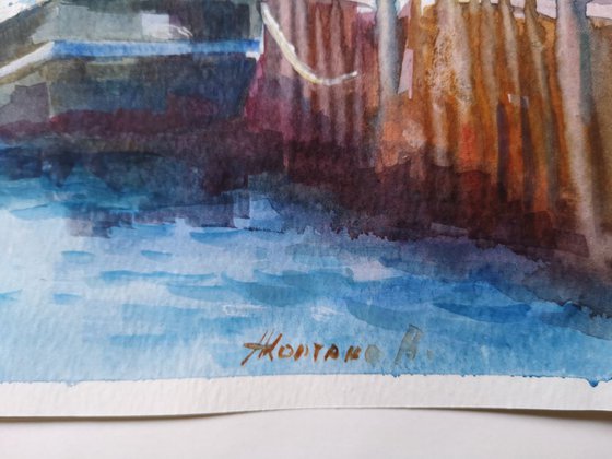 Moored boat, original, one of a kind, watercolor on paper seascape (11x14'')