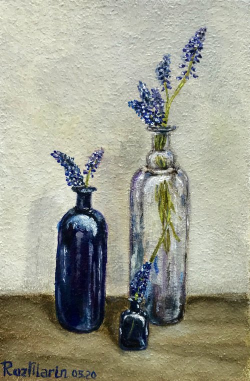 Blue Glasses with flowers Still-Life's collection of miniatures by Marina Deryagina