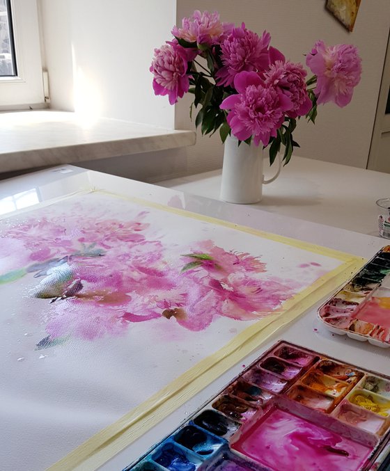 Pink peonies. Pink flowers painting. Watercolor.
