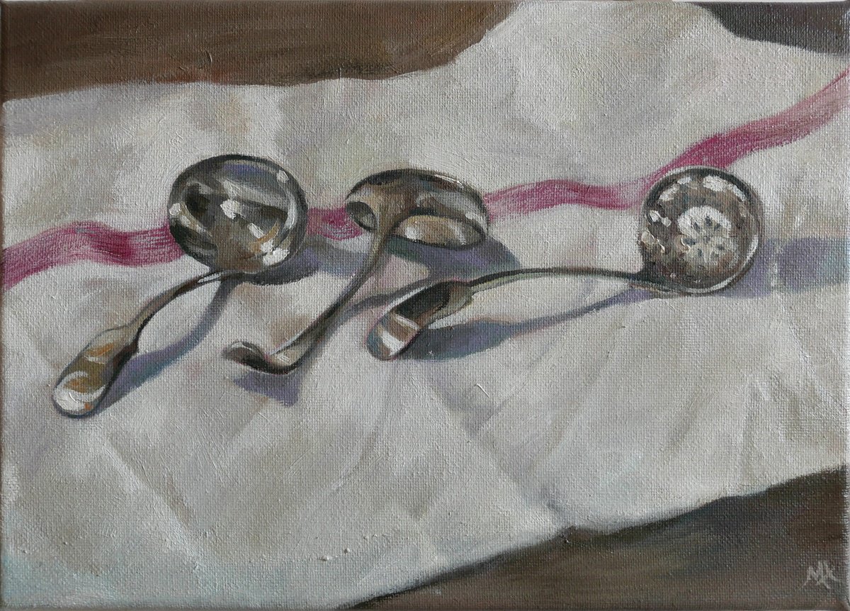 Photorealistic Botanical Oil Painting By Isabel Hutchison, 12 X 8, Study Of Silver Spoons, Original Artwork