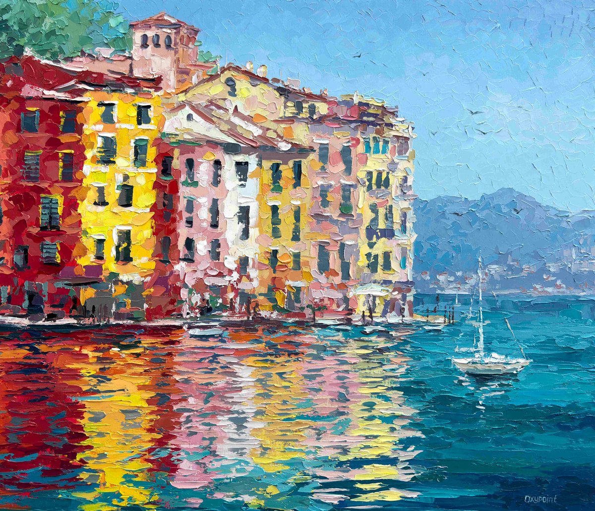 Impressionistic Landscape Oil Painting By Oxypoint, 28 X 24", Portofino. Italian Riviera, Original Artwork