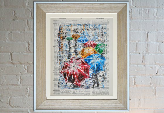 Umbrellas - Collage Art on Large Real English Dictionary Vintage Book Page