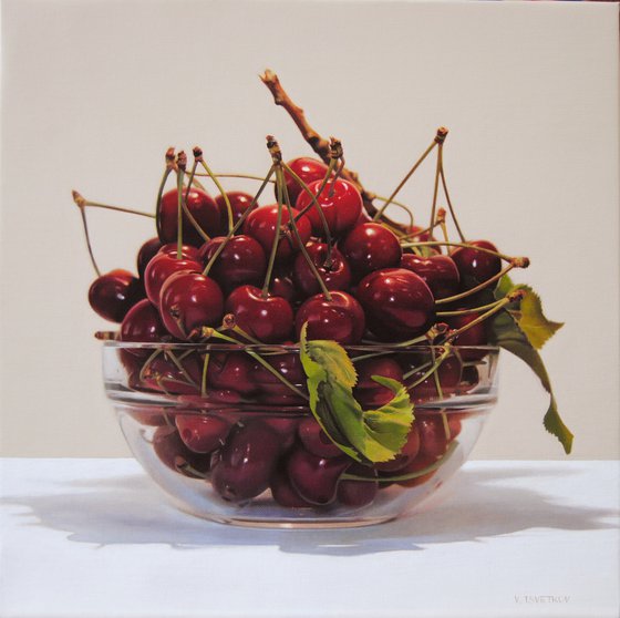 Still life with cherries , Original oil on canvas painting