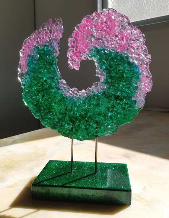 Emerald glass wave, 3D Crushed glass sculpture, Unique gift, Home Decor, Luxury art, Glass Epoxy sculpture, Standing sculpture bilateral