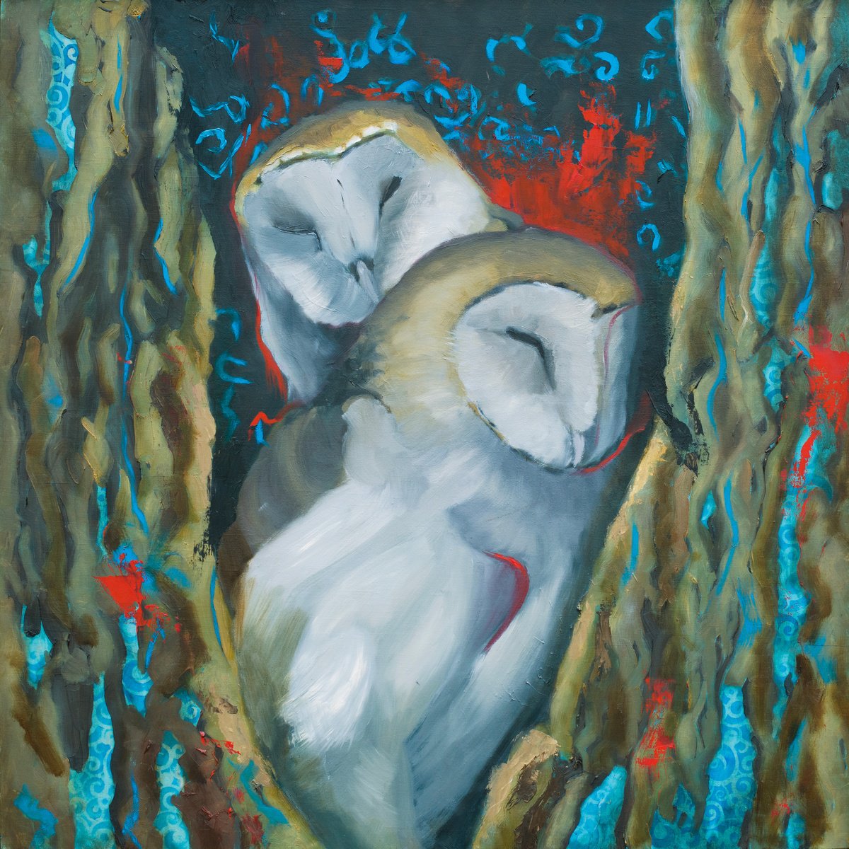 Expressive Animal Oil Painting By Rebeca Fuchs, 25 X 25", Barn Owls, Original Artwork