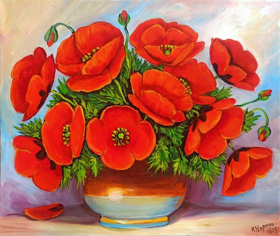 Red poppies in the vase (50x60cm, oil painting, palette knife)