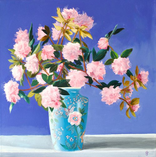Azaleas in a Blue Vase by Gray Jacobik